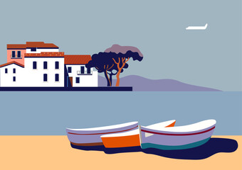 Mediterranean landscape with town and boats