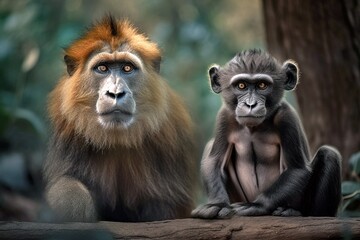 Obraz premium Two Monkeys Sitting Together, Generative AI