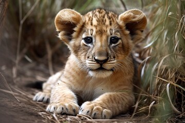 Fototapeta na wymiar Lion Cub Relaxing in Natural Habitat, Generative AI