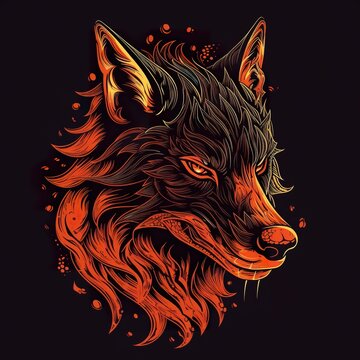 A vibrant illustration of a fire wolf head on a dark background, with light red and dark amber tones. Red wolf in flames against a black backdrop, drawn in the style of light orange and dark - AI
