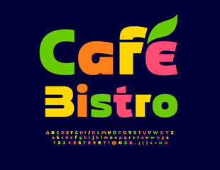 Vector creative Signboard Cafe Bistro. Trendy colorful Font. Bright Alphabet Letters and Numbers set. 