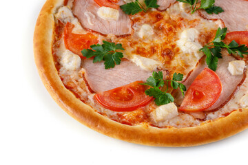 pizza with ham, tomatoes on a white background for the menu and website design of a food delivery restaurant