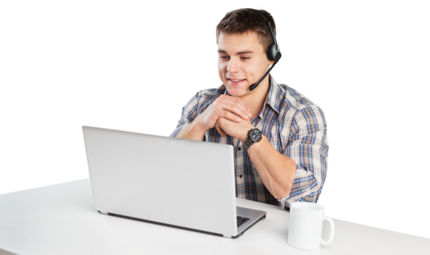 Happy consultant with headset looking at laptop computer