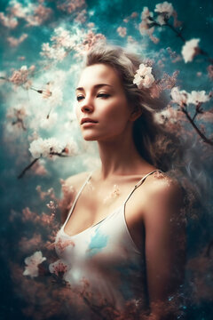 Heavenly illustration of a beautiful young woman surrounded by clouds and flowers. Concept of serenity, calm and tranquility. Created with Generative AI technology.