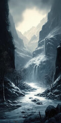 A painting of a valley covered in snow, in the style of dark fantasy, realistic lighting, luminosity of water, flowing silhouettes, fairy tale. AI generative