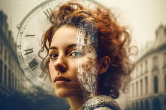 Illustration of a young woman, double exposure with a clock. Time travel or time related concept. Created with Generative AI technology.