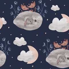 Pattern bunnies mom and baby, pattern for textiles with a moon and a bunny