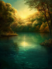 A peaceful lake surrounded by lush greenery and trees, with a realistic yet slightly artistic style. AI generative