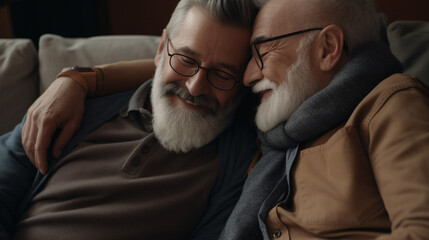 An older gay couple sitting on sofa at home. Generative AI image