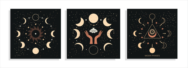 Banner set Mystical moon phases and woman hands and moth, alchemy esoteric magic space, sacred wheel of the year, vector isolated on black background - 597718546