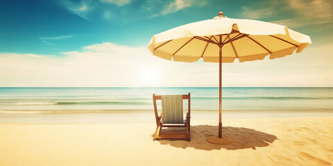 Beach chair and umbrella on beautiful beach. Travel paradise concept. Generative AI