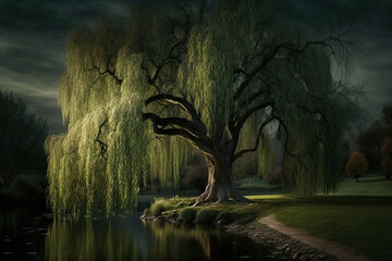 weeping willow tree in a park, Generative AI
