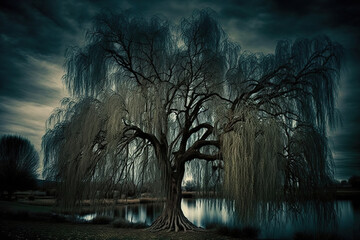 spooky weeping willow tree, Generative AI - obrazy, fototapety, plakaty