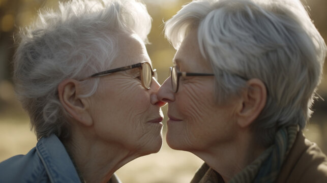 An Older Lesbian Couple Exchanges A Gentle Kiss. Generative AI Image