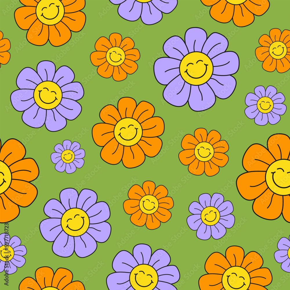 Poster retro groovy seamless pattern with smiling flowers on a green background. cute colorful trendy vecto