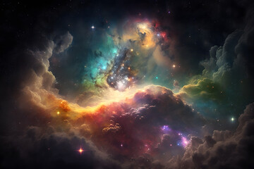 Galaxy with colorful nebula shiny stars and heavy clouds background