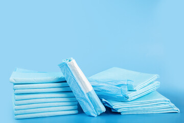 dog napkin, pet toilet, absorbent diaper pad on blue background © yta