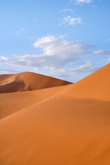 Vertical shot of dunes in Merzouga, Sahara desert, Morocco, on a sunny day. Negative space.