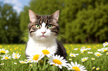 A cat walks in a field with daisies. Generative AI.