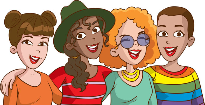 potrait of group multiculturel woman together feminist cartoon vector