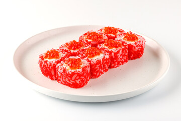 rolls with red caviar on white background for restaurant design website