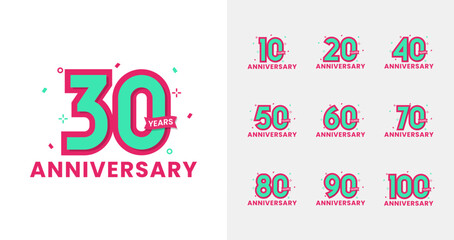 Modern anniversary logo collections. Birthday number for celebration moment with confetti and trendy color