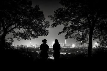Fototapeta na wymiar Silhouettes of two stargazing woman saying goodby, surrounded by trees and the contour of london city in the background. AI generative