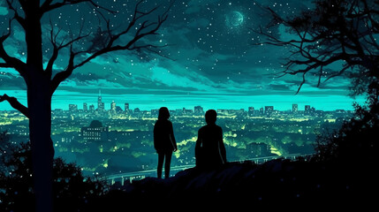 Silhouettes of two stargazing woman saying goodby, surrounded by trees and the contour of london city in the background. AI generative