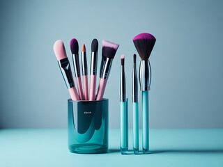 Set of makeup brushes in a glass vase on a blue background. The concept of fashion and beauty. AI generated.