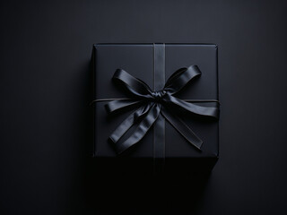 Black gift box with black ribbon on black background. Top view. AI generated.