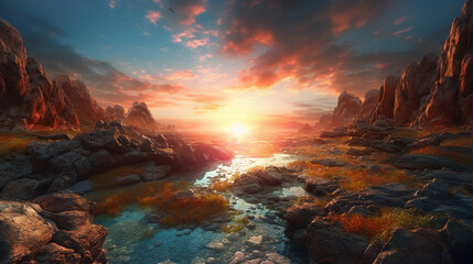 Rainbow sky, red sea of stone. AI generative