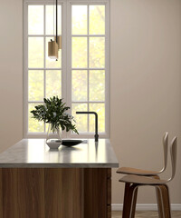 Brown luxury wooden kitchen island, marble top dining table, high chair in sunlight from window on...