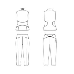 Womens sport set technical CAD mockup, fashion illustration tank top and pants template, front and back view