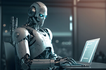 Humanoid android robot working with laptop in futuristic background
