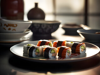 A plate of sushi arranged in a beautiful pattern, with soy sauce and wasabi on the side