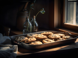 A close-up shot of a tray of freshly baked chocolate chip cookies