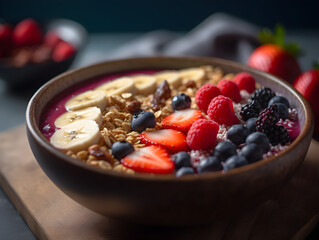 A close-up shot of a colorful fruit smoothie bowl with mixed berries, bananas, and granola on top