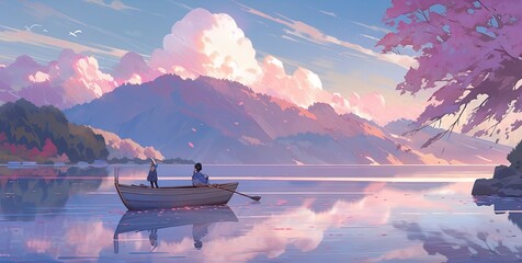 A painting of two people in a boat on a lake. AI generative.