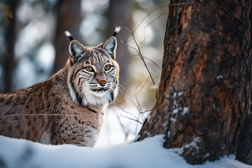 Obraz premium Winter Bobcat. Generative AI. A digital painting of a winter bobcat in forested snow.