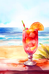 Cocktail in the seaside background. Watercolor style vector illustration.