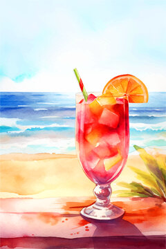 Cocktail in the seaside background. Watercolor style vector illustration.