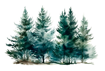 Firs or pine trees for winter Christmas design. Watercolor illustration of coniferous forest, spruce. Winter nature, holiday background, coniferous tree, snow, outdoor, snowy rural landscape