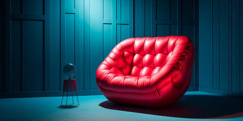 red unique modern art inflatable armchair in a blue living room, created with generative ai