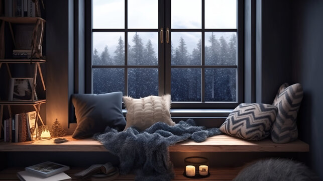 A window seat with pillows and a blanket on it. AI generative. Dark academia style, victorian style mansion interior design with wooden stairs.
