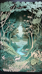 Paper cut-out diorama of a forest scene with a winding path and a stream, with trees, rocks and animals. generative ai