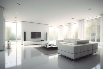 contemporary living room with minimalist white sofa and large screen television. Generative AI