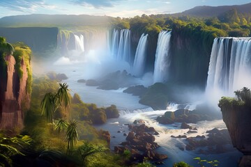 An aerial view of majestic waterfalls cascading down a cliff, with lush greenery in the background. Captured from an imaginary observation platform. AI Generative.