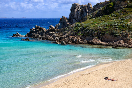 Mediterranean Sea, Rena Bianca - idyllic beach in Santa Teresa Gallura, Strait of Bonifacio - southern Corsica can be seen from the beach, Sassari province, Northern Sardinia, Italy, Europe