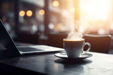 Coffee and Laptop on Blurred Desk Background: Workspace, Technology, and Business
