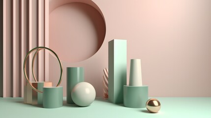3d style with pastel green background pink green gold geometric shapes. Abstract still life scene. Podium template. Generative AI.